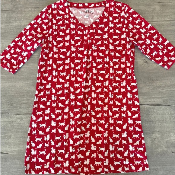 Coral Bay Cat Print‎ Pajamas 3/4 Sleeve V Neck Gown Nightgown Comfy Red White M - Picture 1 of 5